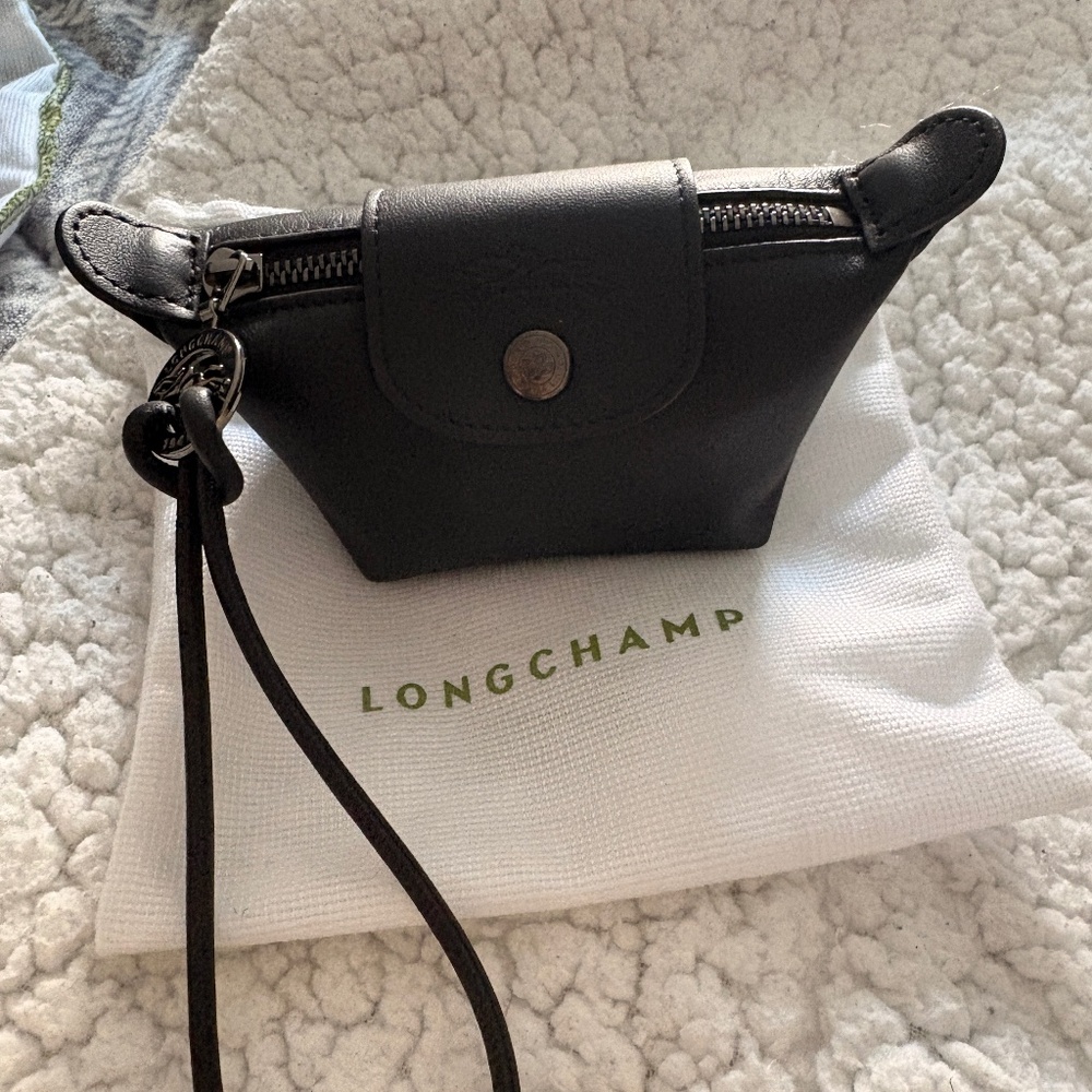 Longchamp Black Leather Key & Card Holder Wristlet